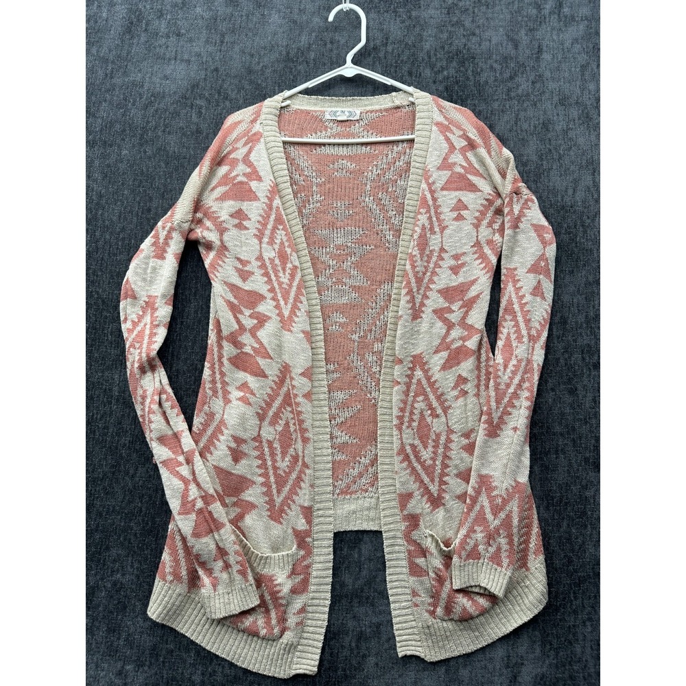 Pink Rose Cardigan Sweater Womens Medium Beige Pink Aztec Boho Tight Knit Ribbed